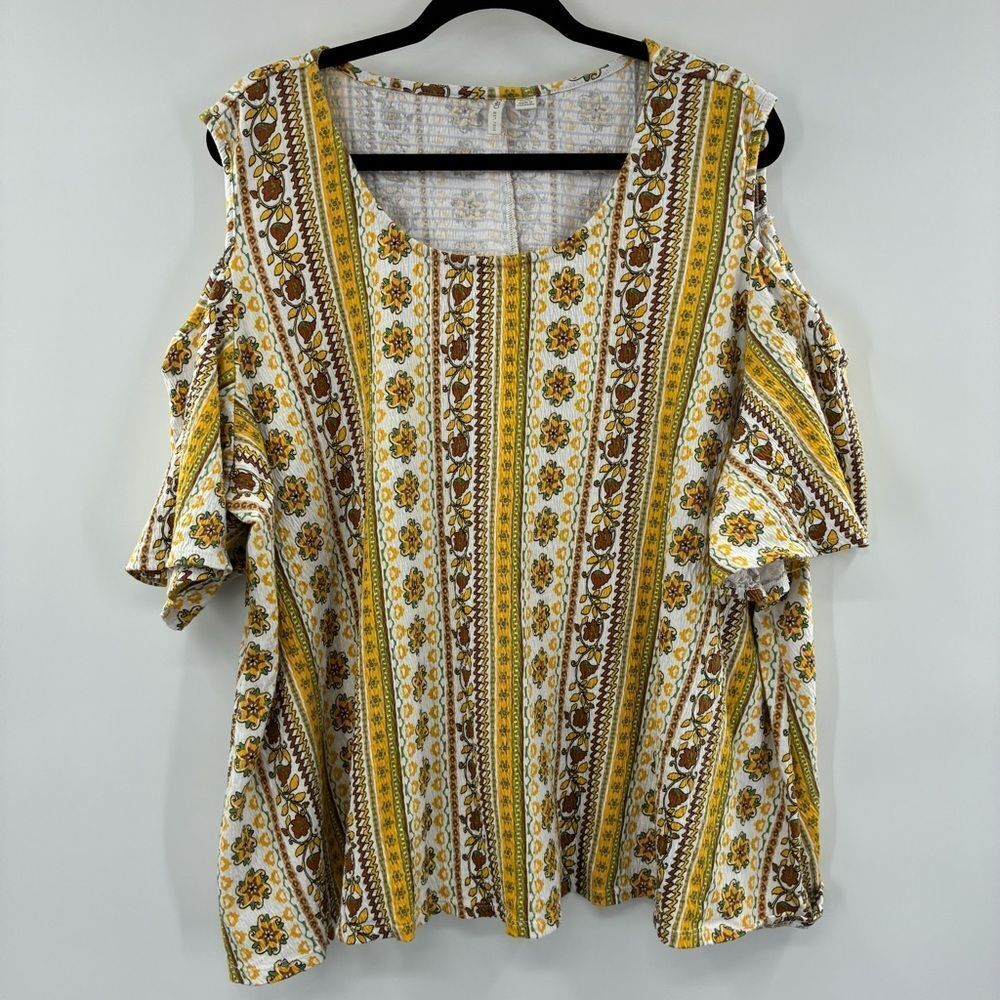 3For$20 Cato Yellow and Brown Floral Cold Shoulder Blouse size: 26/28W